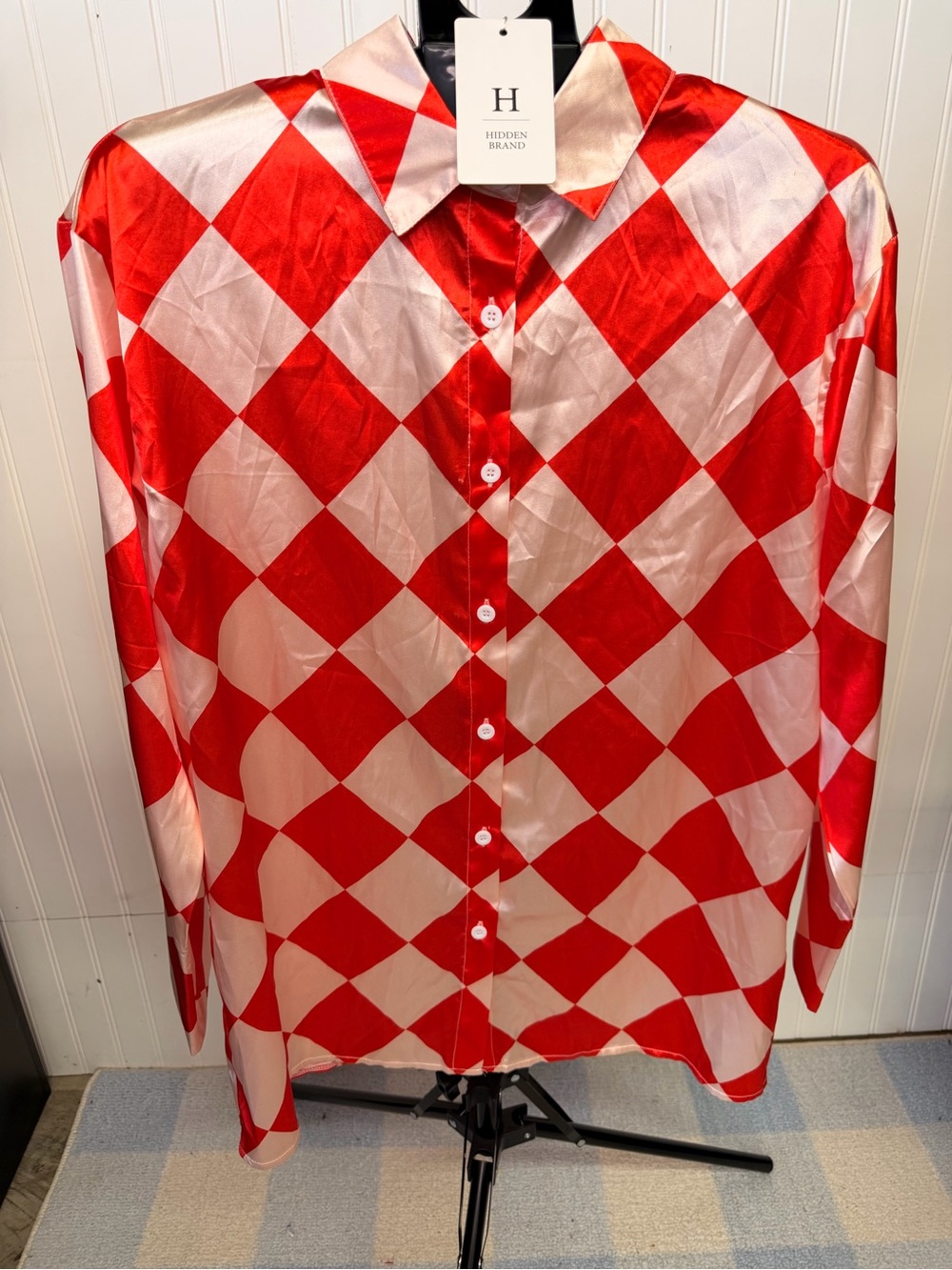 Red & White Satin Diamond-Check Button Down Shirt